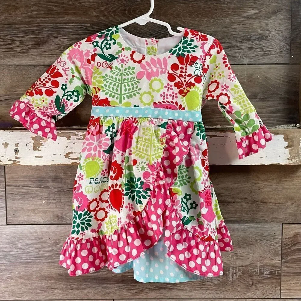 SMOCKED A LOT Toddler Girls Floral Ruffled Dress Size 18M Boho Polka Dots
